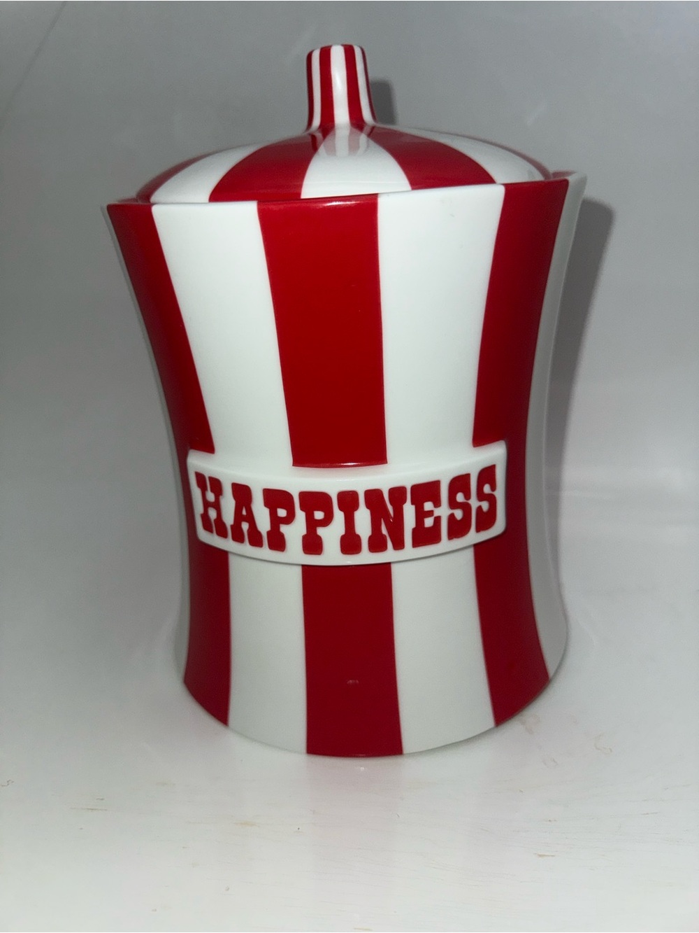 Jonathan Adler Red and White Striped 'HAPPINESS' Ceramic Jar